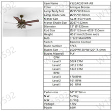 Load image into Gallery viewer, 52" Vintage Bronze Crystal Ceiling Fan Light with 5 Wood Two-Tone Blades, Remote Control 3-Speed Reversible Ceiling Fan