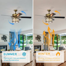 Load image into Gallery viewer, 52" Vintage Bronze Crystal Ceiling Fan Light with 5 Wood Two-Tone Blades, Remote Control 3-Speed Reversible Ceiling Fan