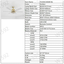 Load image into Gallery viewer, 52" Modern Style Ceiling Fan Light Gold LED Ceiling Light Remote Control 3 Speed Reversible Silent Ceiling Fan, 1h/4h/8h Timer