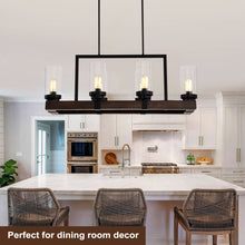 Загрузить изображение в средство просмотра галереи, Matte Black / Wood Grain Metal Chandelier Fixture, 6 Lights Ceiling Pendant Ligh, Adjustable Height , E26*6 (No Include Bulb)
