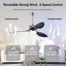 Load image into Gallery viewer, 52'' ABS Blades Ceiling Fan with Lights and Remote (6 Speeds Adjustable) , DC Motor Modern Ceiling Fan with 3 Abs Fan Blades & 2 down Rods, Indoor Ceiling Fan with Light