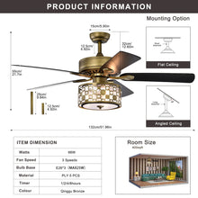 Load image into Gallery viewer, 52" Vintage Bronze Crystal Ceiling Fan Light with 5 Wood Two-Tone Blades, Remote Control 3-Speed Reversible Ceiling Fan