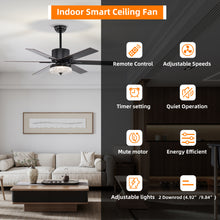 Загрузить изображение в средство просмотра галереи, 52" Matte Black Modern LED Ceiling Fan Light, 6 Blade Remote Control Ceiling Fan, Reversible Ceiling Fan