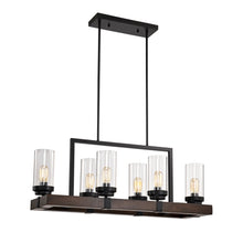 Загрузить изображение в средство просмотра галереи, Matte Black / Wood Grain Metal Chandelier Fixture, 6 Lights Ceiling Pendant Ligh, Adjustable Height , E26*6 (No Include Bulb)