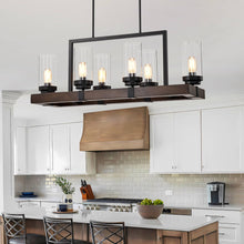 Загрузить изображение в средство просмотра галереи, Matte Black / Wood Grain Metal Chandelier Fixture, 6 Lights Ceiling Pendant Ligh, Adjustable Height , E26*6 (No Include Bulb)
