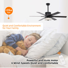 Загрузить изображение в средство просмотра галереи, 52" Matte Black Modern LED Ceiling Fan Light, 6 Blade Remote Control Ceiling Fan, Reversible Ceiling Fan