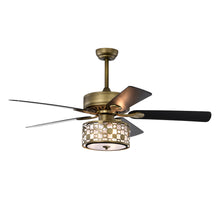 Load image into Gallery viewer, 52" Vintage Bronze Crystal Ceiling Fan Light with 5 Wood Two-Tone Blades, Remote Control 3-Speed Reversible Ceiling Fan