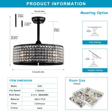 Load image into Gallery viewer, 20.67" Crystal Ceiling Fan AC Motor, Black Enclosed Ceiling Fan with Light and Remote, Reversible 3 Speeds, 1/2/4 Timing (No Bulbs Included)--Matte Black