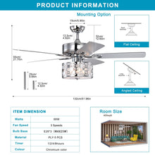 Load image into Gallery viewer, 52&quot; Elegant Ceiling Fan Light with Remote, Crystal Chandelier Fan 5 Chrome Reversible Wood Blades
