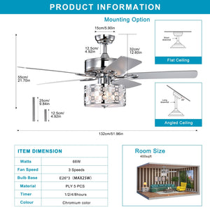 52" Elegant Ceiling Fan Light with Remote, Crystal Chandelier Fan 5 Chrome Reversible Wood Blades