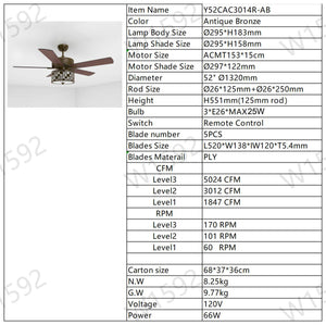 52" Vintage Bronze Crystal Ceiling Fan Light with 5 Wood Two-Tone Blades, Remote Control 3-Speed Reversible Ceiling Fan