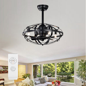 18" Matte Black Cage Ceiling Fan Light Industrial Style Ceiling Fan Light Kit Three-speed Adjustment Ceiling Fan