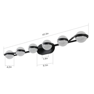 43.3" Modern Bathroom Black Mirror Light Wall Mounted Vanity Light Globe 6 Lights