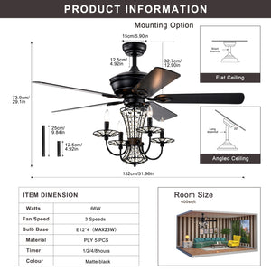 52 Inch Crystal Chandelier Fan with Lights and Remote Control, Modern Ceiling Fan with Dual Finish Reversible Blades, Fandelier