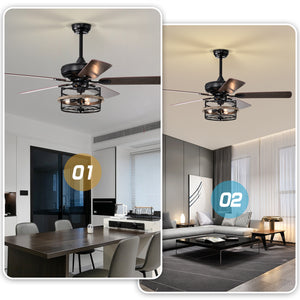 52" Farmhouse Ceiling Fan with  Remote, 3-Lights Ceiling Fan with Light Fixture (No include Bulbs), Ceiling Fan --Black Matte+Wood Grain