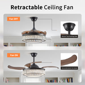 Modern Style Black Telescopic Ceiling Fan Light Remote Control Silent Reversible Ceiling Fan LED Recessed Pendant Light