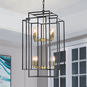 18.1" Vintage Lantern Chandelier Farmhouse Candle Chandelier (Black & Gold)