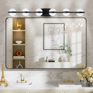 43.3" Modern Bathroom Black Mirror Light Wall Mounted Vanity Light Globe 6 Lights