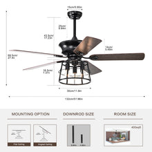 Load image into Gallery viewer, 52&#39;&#39; Farmhouse Ceiling Fan with Lights, 52 Inch Industrial Cage Ceiling Fan Light, Indoor Outdoor Ceiling Fan with Remote, Reversible AC Motor
