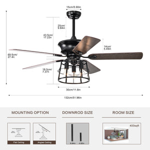 52'' Farmhouse Ceiling Fan with Lights, 52 Inch Industrial Cage Ceiling Fan Light, Indoor Outdoor Ceiling Fan with Remote, Reversible AC Motor