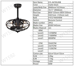 18.1" Caged Ceiling Fan with  Remote Control,Timer, 3 Speeds Indoor Ceiling Fan