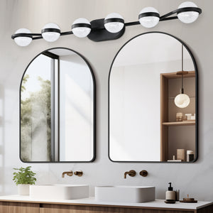 43.3" Modern Bathroom Black Mirror Light Wall Mounted Vanity Light Globe 6 Lights