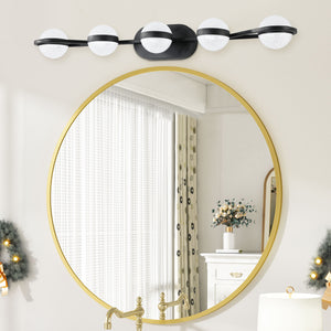 35.4" Modern Bathroom Black Mirror Light Wall Mounted Vanity Light Globe 5 Lights