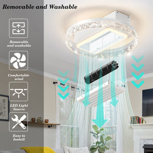 19.7" Dimmable LED Bladeless Fan Light White Crystal Ceiling Light