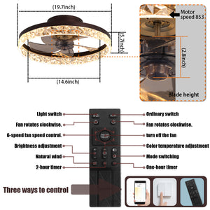 19.7" Simple LED Ring Ceiling Light Luxury Crystal Ceiling Light Brown Fan Light