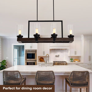 Matte Black / Wood Grain Metal Chandelier Fixture, 6 Lights Ceiling Pendant Ligh, Adjustable Height , E26*6 (No Include Bulb)