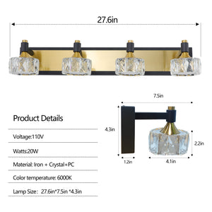 27.6" Luxury Modern Crystal Vanity Light Bathroom Mirror Light LED 4-Light Wall Lighting Fixture