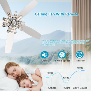 52" Crystal Ceiling Fan with 5 Reversible Blades Light Kit and Remote Control, 3-Speed (High, Mid,Low) Adjustable