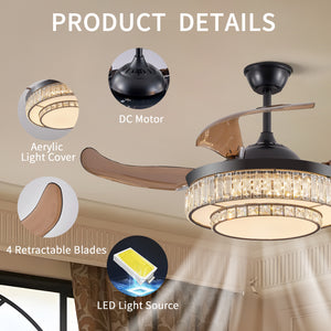 Modern Style Black Telescopic Ceiling Fan Light Remote Control Silent Reversible Ceiling Fan LED Recessed Pendant Light