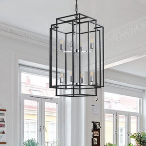 18.1" Vintage Lantern Chandelier Farmhouse Candle Chandelier (Black & Silver)