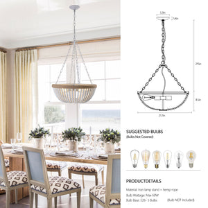 23.6" Bohemian Style Wood Bead Chandelier Oak White Chain Chandelier Farmhouse Cage Chandelier