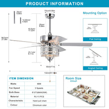 Load image into Gallery viewer, 52&#39;&#39; Classical Crystal Ceiling Fan Lamp  5 Reversible Blades, Chrome (Hand Pull Chain)
