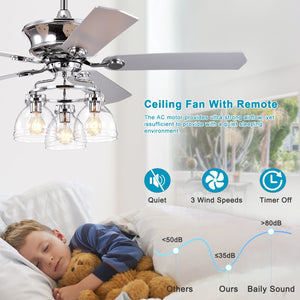 52" Farmhouse Glass Shade 5-Blade Reversible Ceiling Fan with Light Kit and Remote --Chrome