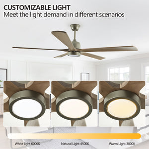 60" Modern Ceiling Fan Light Olive Green Wood Ceiling Fan 6 Speed Silent Reversible Ceiling Fan