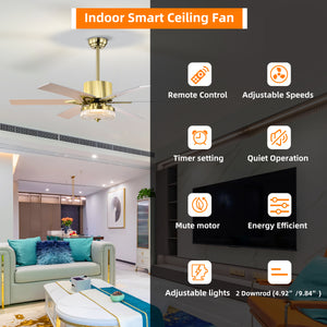 52" Modern Style Ceiling Fan Light Gold LED Ceiling Light Remote Control 3 Speed Reversible Silent Ceiling Fan, 1h/4h/8h Timer