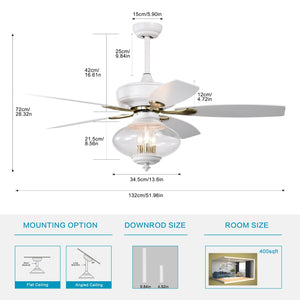 52'' Low Profile Ceiling Fan , White Modern Ceiling Fans with Remote Control --Matte White