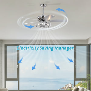 52" Crystal Ceiling Fan with 5 Reversible Blades Light Kit and Remote Control, 3-Speed (High, Mid,Low) Adjustable