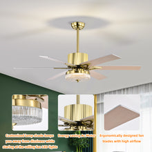 Cargar imagen en el visor de la galería, 52&quot; Modern Style Ceiling Fan Light Gold LED Ceiling Light Remote Control 3 Speed Reversible Silent Ceiling Fan, 1h/4h/8h Timer
