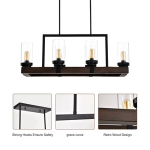 Matte Black / Wood Grain Metal Chandelier Fixture, 6 Lights Ceiling Pendant Ligh, Adjustable Height , E26*6 (No Include Bulb)