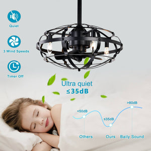 18" Matte Black Cage Ceiling Fan Light Industrial Style Ceiling Fan Light Kit Three-speed Adjustment Ceiling Fan