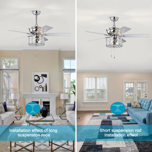 52" Modern Style Pendant Light Silent Reversible Ceiling Fan 3-Speed Adjustable Ceiling Fan Light - Chrome (Bulb Not Included)