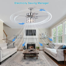 Load image into Gallery viewer, 52&quot; Elegant Ceiling Fan Light with Remote, Crystal Chandelier Fan 5 Chrome Reversible Wood Blades
