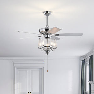 52" Crystal Ceiling Fan, Modern Electrical Fan with 5 Wood Reversible Blades, 4 Bulbs Not Included,Noiseless Reversible AC Motor (Chrome)