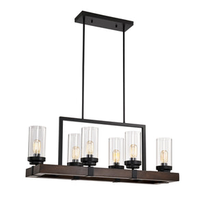 Matte Black / Wood Grain Metal Chandelier Fixture, 6 Lights Ceiling Pendant Ligh, Adjustable Height , E26*6 (No Include Bulb)