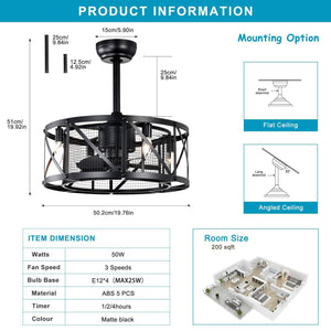 20'' Industrial 5-Blade Ceiling Fan with Remote Control ,5 Abs Blades Small Size Ceiling Fan