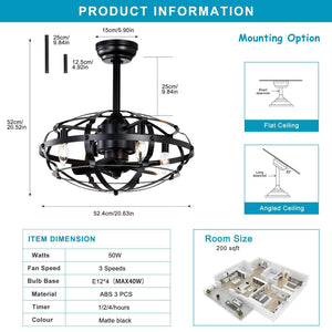 18" Matte Black Cage Ceiling Fan Light Industrial Style Ceiling Fan Light Kit Three-speed Adjustment Ceiling Fan